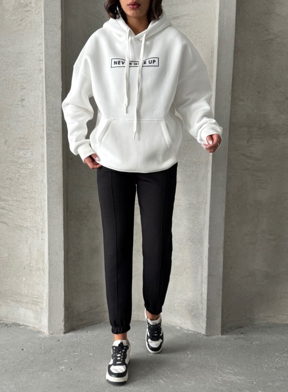 TKM-0034 Siyah Beyaz Never Give Up Yazı Baskılı Kapüşonlu Sweatshirt Jogger Üç İplik Şardonlu İkili Takım