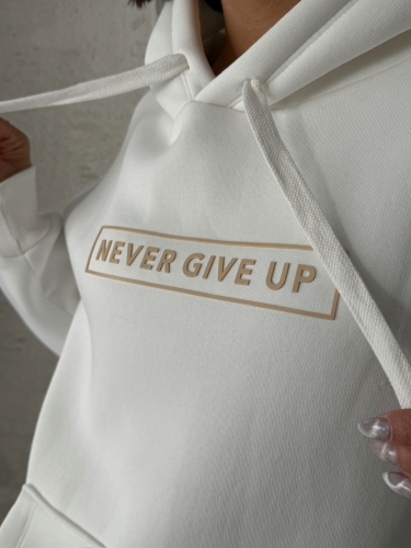 TKM-0034 Vizon Beyaz Never Give Up Yazı Baskılı Kapüşonlu Sweatshirt Jogger Üç İplik Şardonlu İkili Takım - Thumbnail