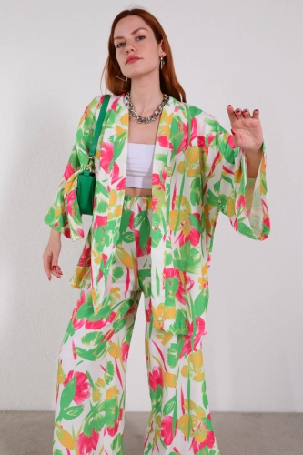 TKM-03443 Yeşil Fırça Desen Kimono Pantolon Keten Kumaş İkili Takım - Thumbnail