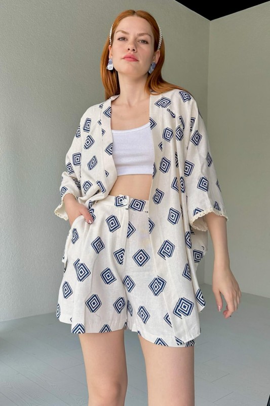 TKM-03464 Mavi Geometrik Desen Keten Kimono Şort İkili Takım