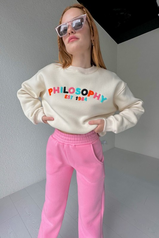 TKM-03480 Pembe Philosopohy Renkli Nakışlı Sweatshirt Jogger Eşofman Üç İplik Şardonlu Takım