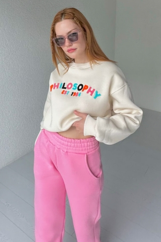 TKM-03480 Pembe Philosopohy Renkli Nakışlı Sweatshirt Jogger Eşofman Üç İplik Şardonlu Takım - Thumbnail