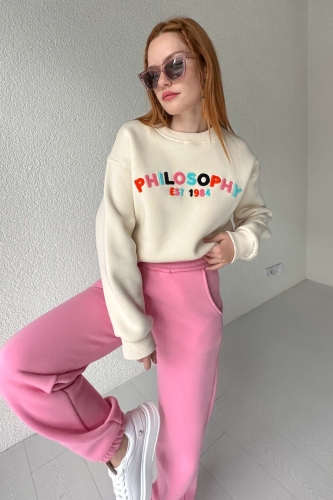 TKM-03480 Pembe Philosopohy Renkli Nakışlı Sweatshirt Jogger Eşofman Üç İplik Şardonlu Takım - Thumbnail