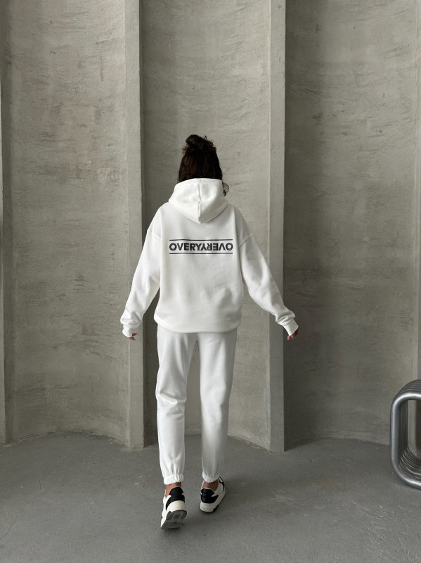 TKM-03624 Beyaz The Future Is Hope Yazılı Mevsimlik Kumaş Kapüşonlu Sweatshirt Çimalı Jogger İkili Takım