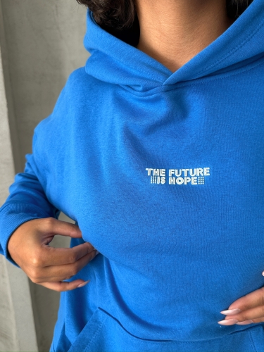 TKM-03624 Saks Mavisi The Future Is Hope Yazılı Mevsimlik Kumaş Kapüşonlu Sweatshirt Çimalı Jogger İkili Takım - Thumbnail