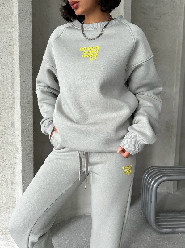 TKM-03626 Boyama Gri Do Not Over Think It Kabartma Yazı Baskılı Bisiklet Yaka Sweatshirt Jogger Üç İplik Şardonlu İkili Takım