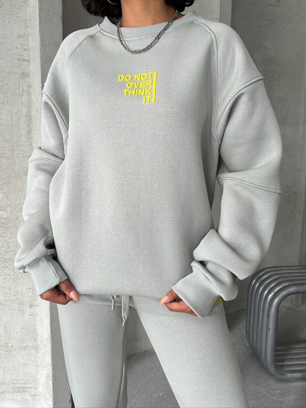 TKM-03626 Boyama Gri Do Not Over Think It Kabartma Yazı Baskılı Bisiklet Yaka Sweatshirt Jogger Üç İplik Şardonlu İkili Takım