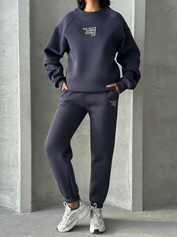 TKM-03626 Füme Do Not Over Think It Kabartma Yazı Baskılı Bisiklet Yaka Sweatshirt Jogger Üç İplik Şardonlu İkili Takım