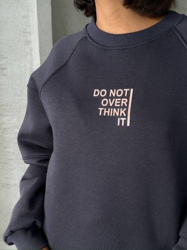 TKM-03626 Füme Do Not Over Think It Kabartma Yazı Baskılı Bisiklet Yaka Sweatshirt Jogger Üç İplik Şardonlu İkili Takım - Thumbnail