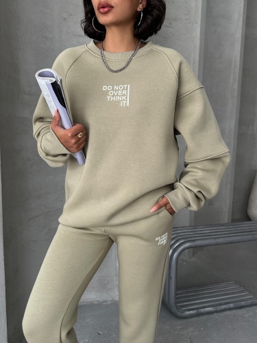 TKM-03626 Haki Do Not Over Think It Kabartma Yazı Baskılı Bisiklet Yaka Sweatshirt Jogger Üç İplik Şardonlu İkili Takım - Thumbnail