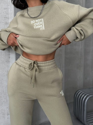 TKM-03626 Haki Do Not Over Think It Kabartma Yazı Baskılı Bisiklet Yaka Sweatshirt Jogger Üç İplik Şardonlu İkili Takım - Thumbnail