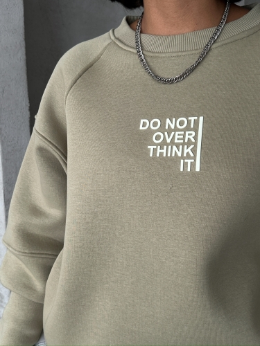 TKM-03626 Haki Do Not Over Think It Kabartma Yazı Baskılı Bisiklet Yaka Sweatshirt Jogger Üç İplik Şardonlu İkili Takım - Thumbnail