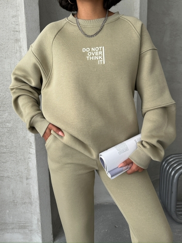 TKM-03626 Haki Do Not Over Think It Kabartma Yazı Baskılı Bisiklet Yaka Sweatshirt Jogger Üç İplik Şardonlu İkili Takım - Thumbnail