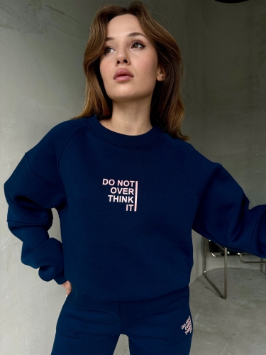 TKM-03626 Lacivert Do Not Over Think It Kabartma Yazı Baskılı Bisiklet Yaka Sweatshirt Jogger Üç İplik Şardonlu İkili Takım - Thumbnail