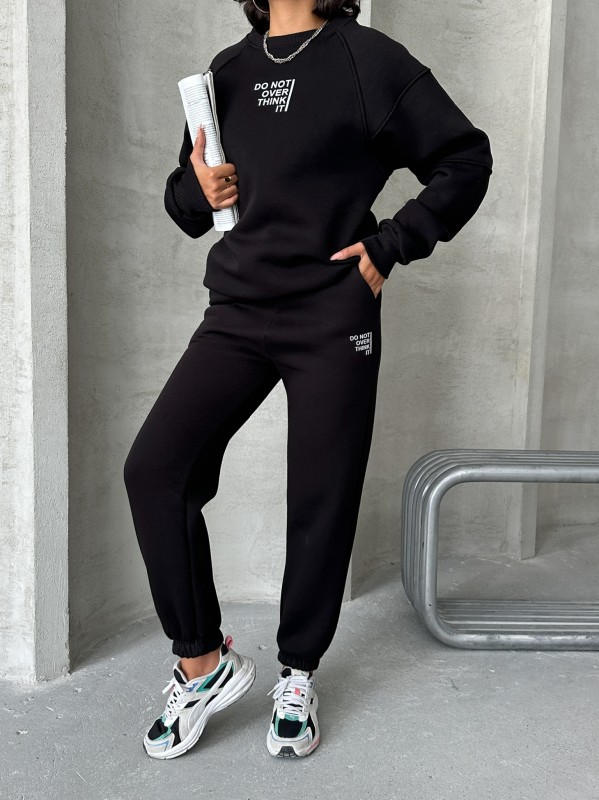 TKM-03626 Siyah Do Not Over Think It Kabartma Yazı Baskılı Bisiklet Yaka Sweatshirt Jogger Üç İplik Şardonlu İkili Takım