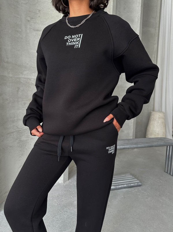 TKM-03626 Siyah Do Not Over Think It Kabartma Yazı Baskılı Bisiklet Yaka Sweatshirt Jogger Üç İplik Şardonlu İkili Takım