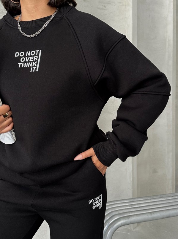 TKM-03626 Siyah Do Not Over Think It Kabartma Yazı Baskılı Bisiklet Yaka Sweatshirt Jogger Üç İplik Şardonlu İkili Takım