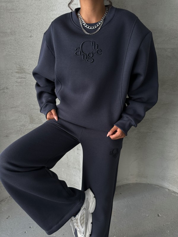 TKM-03627 Füme Change Yazı Nakışlı Üç İplik Şardonlu Salaş Sweatshirt Palazzo Eşofman İkili Takım