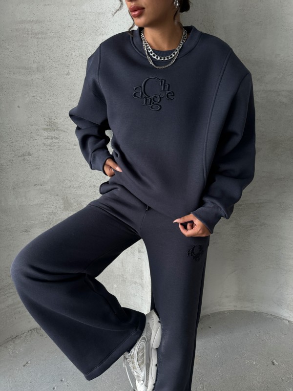 TKM-03627 Füme Change Yazı Nakışlı Üç İplik Şardonlu Salaş Sweatshirt Palazzo Eşofman İkili Takım