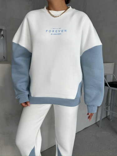 Cappmoda - TKM-03628 Bebe Mavi Forever Yazı Baskılı Parçalı Salaş Sweat Jogger Üç İplik Şardonlu İkili Takım (1)