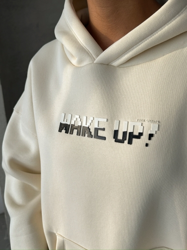 TKM-03630 Beyaz Wake Up Kabartma Baskılı Kapüşonlu Sweatshirt Jogger Eşofman Üç İplik Şardonlu İkili Takım - Thumbnail