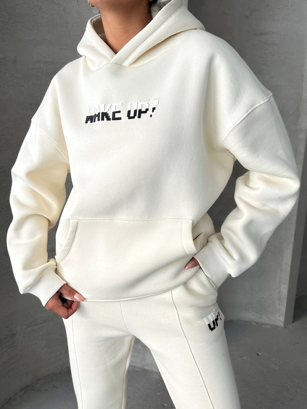 TKM-03630 Beyaz Wake Up Kabartma Baskılı Kapüşonlu Sweatshirt Jogger Eşofman Üç İplik Şardonlu İkili Takım