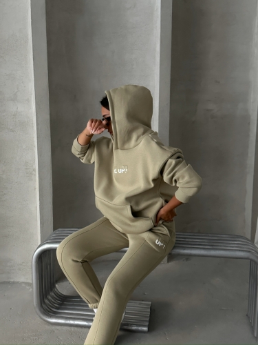 TKM-03630 Haki Wake Up Kabartma Baskılı Kapüşonlu Sweatshirt Jogger Eşofman Üç İplik Şardonlu İkili Takım - Thumbnail