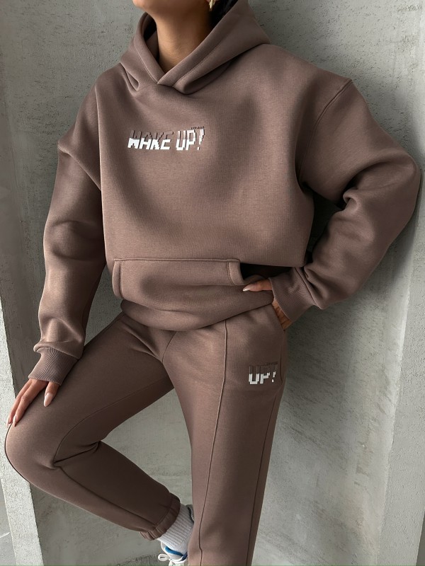 TKM-03630 Kahverengi Wake Up Kabartma Baskılı Kapüşonlu Sweatshirt Jogger Eşofman Üç İplik Şardonlu İkili Takım