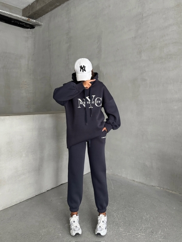 TKM-03631 Füme New York City Kabartma Baskılı Salaş Kapüşonlu Sweatshirt Jogger Eşofman İkili Takım - Thumbnail