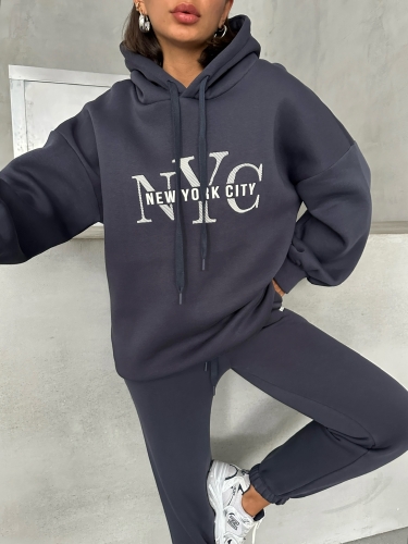 TKM-03631 Füme New York City Kabartma Baskılı Salaş Kapüşonlu Sweatshirt Jogger Eşofman İkili Takım - Thumbnail