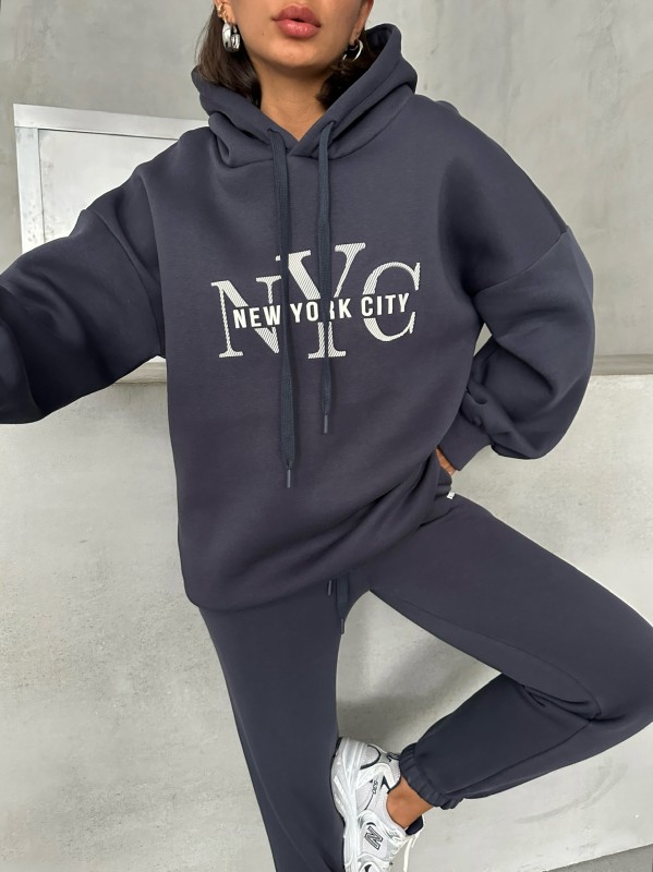 TKM-03631 Füme New York City Kabartma Baskılı Salaş Kapüşonlu Sweatshirt Jogger Eşofman İkili Takım