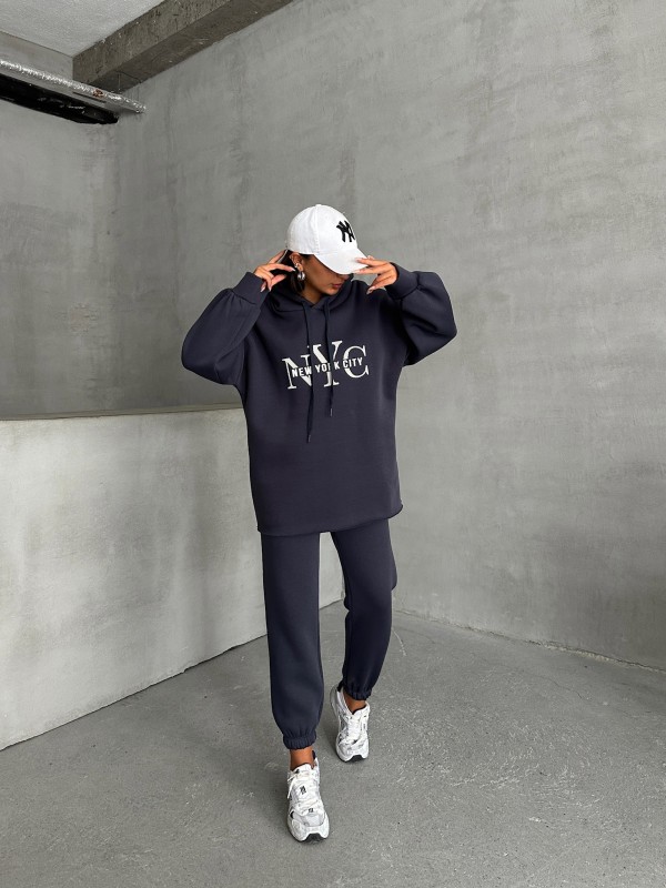 TKM-03631 Füme New York City Kabartma Baskılı Salaş Kapüşonlu Sweatshirt Jogger Eşofman İkili Takım