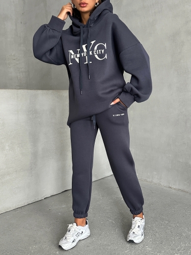 TKM-03631 Füme New York City Kabartma Baskılı Salaş Kapüşonlu Sweatshirt Jogger Eşofman İkili Takım - Thumbnail