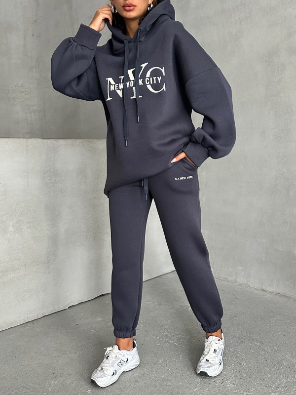 TKM-03631 Füme New York City Kabartma Baskılı Salaş Kapüşonlu Sweatshirt Jogger Eşofman İkili Takım