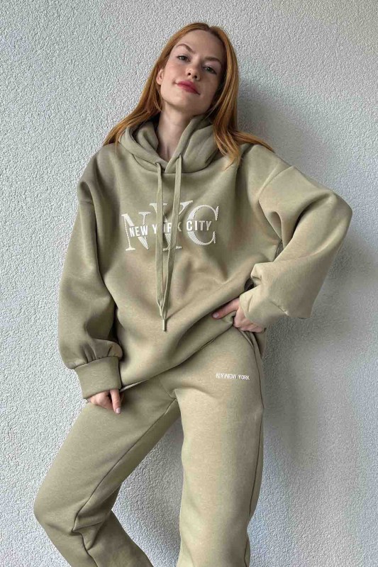 TKM-03631 Haki New York City Kabartma Baskılı Salaş Kapüşonlu Sweatshirt Jogger Eşofman İkili Takım