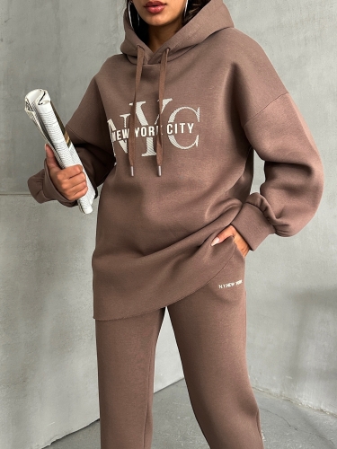 TKM-03631 Kahverengi New York City Kabartma Baskılı Salaş Kapüşonlu Sweatshirt Jogger Eşofman İkili Takım - Thumbnail