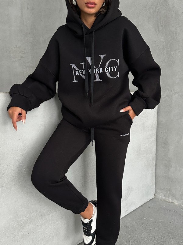 TKM-03631 Siyah New York City Kabartma Baskılı Salaş Kapüşonlu Sweatshirt Jogger Eşofman İkili Takım