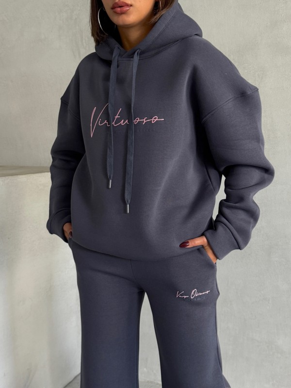 TKM-03633 Füme Virtuoso Yazı Baskılı Kapüşonlu Sweatshirt Palazzo Eşofman Üç İplik Şardonlu İkili Takım