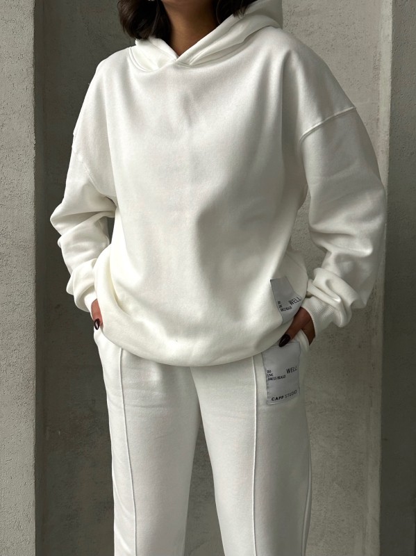 TKM-03634 Beyaz Etiket Detaylı Kapüşonlu Sweatshirt Çimalı Jogger İki İplik Şardonlu İkili Takım