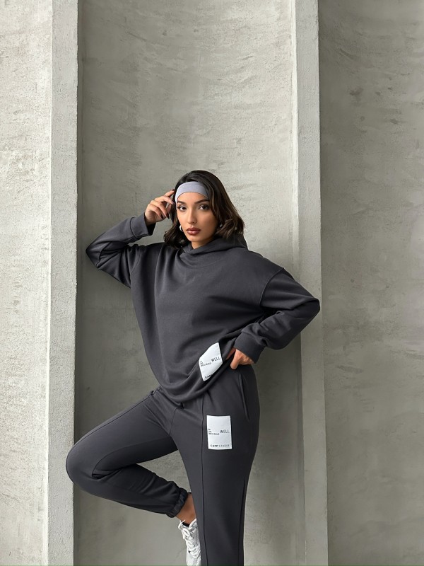 TKM-03634 Füme Etiket Detaylı Kapüşonlu Sweatshirt Çimalı Jogger İki İplik Şardonlu İkili Takım