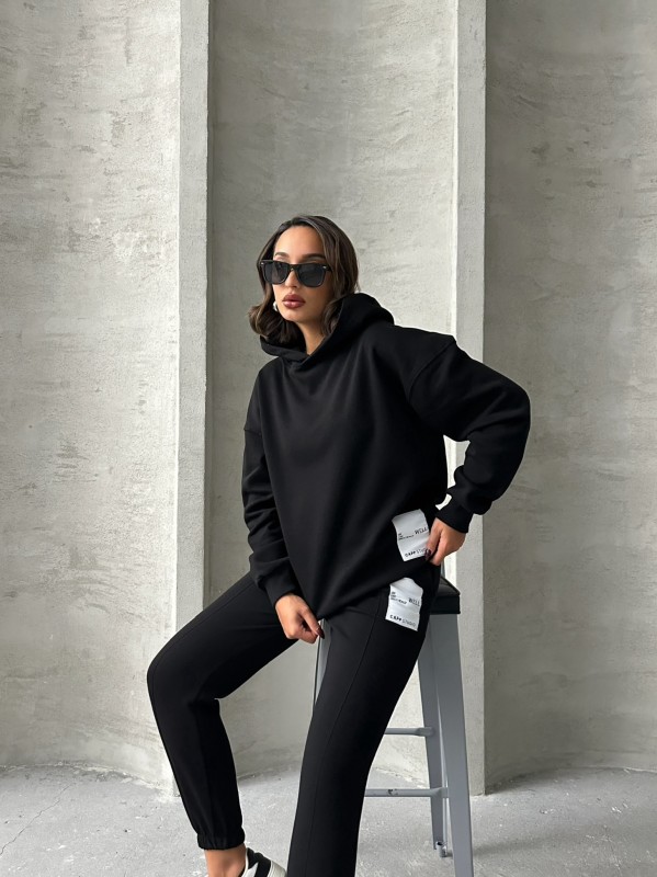 TKM-03634 Siyah Etiket Detaylı Kapüşonlu Sweatshirt Çimalı Jogger İki İplik Şardonlu İkili Takım