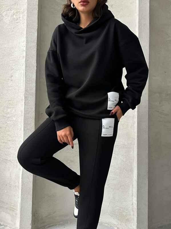 TKM-03634 Siyah Etiket Detaylı Kapüşonlu Sweatshirt Çimalı Jogger İki İplik Şardonlu İkili Takım