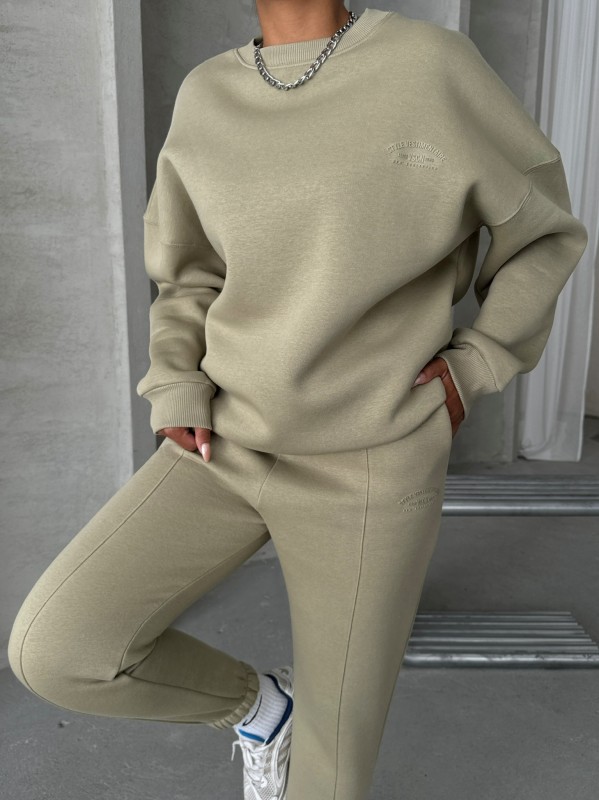 TKM-03635 Haki Style Yazı Baskılı Oversize Sweatshirt Çimalı Eşofman Üç İplik Şardonlu İkili Takım