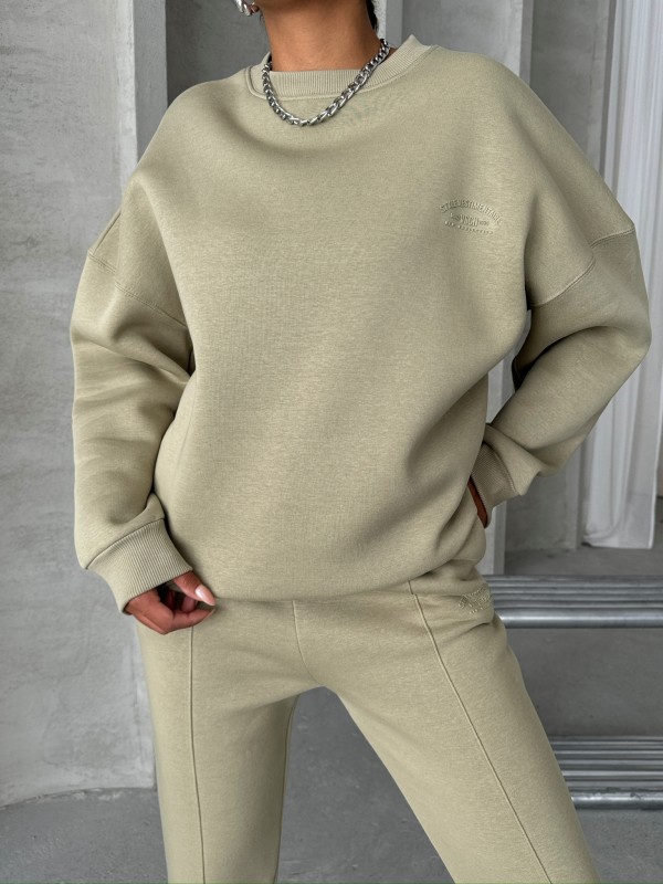 TKM-03635 Haki Style Yazı Baskılı Oversize Sweatshirt Çimalı Eşofman Üç İplik Şardonlu İkili Takım