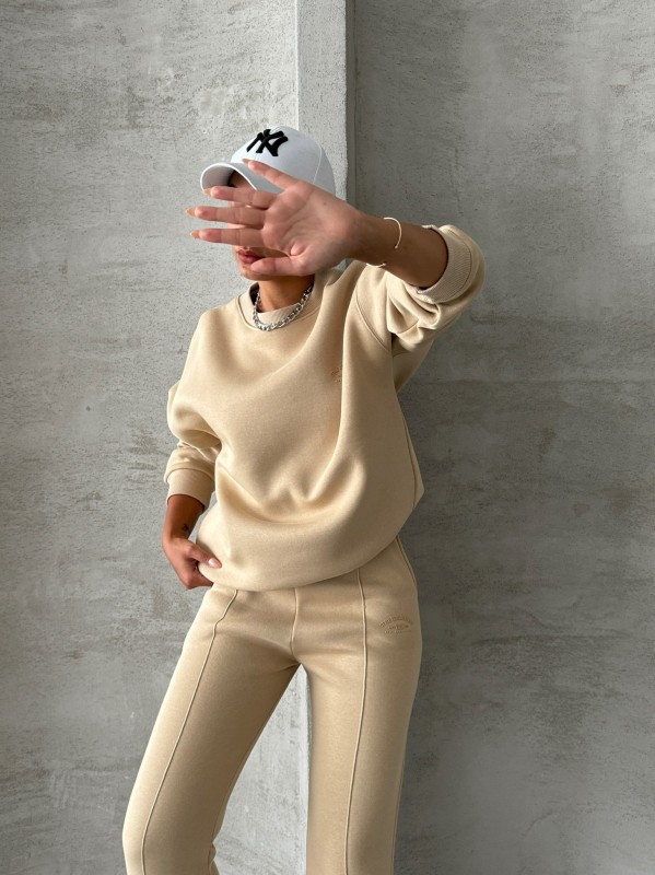 TKM-03635 Vizon Style Yazı Baskılı Oversize Sweatshirt Çimalı Eşofman Üç İplik Şardonlu İkili Takım