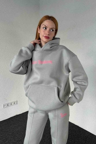 TKM-03643 Boyama Gri Less Kabartma Yazı Baskılı Kapüşonlu Sweatshirt Jogger Üç İplik Şardonlu İkili Takım - Thumbnail