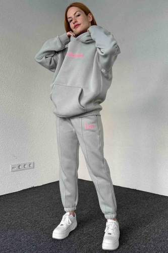 TKM-03643 Boyama Gri Less Kabartma Yazı Baskılı Kapüşonlu Sweatshirt Jogger Üç İplik Şardonlu İkili Takım - Thumbnail