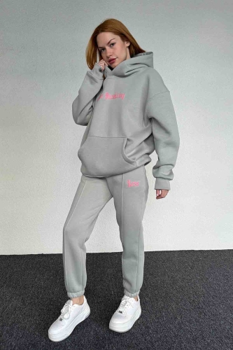 TKM-03643 Boyama Gri Less Kabartma Yazı Baskılı Kapüşonlu Sweatshirt Jogger Üç İplik Şardonlu İkili Takım - Thumbnail