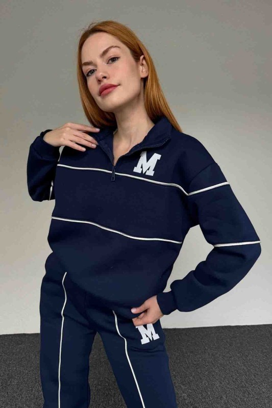 TKM-03647 Lacivert M Baskılı Şeritli Fermuar Detay Sweatshirt Jogger Eşofman İkili Takım