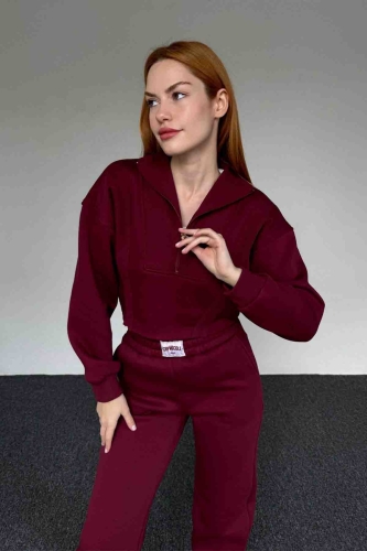 TKM-03649 Bordo Fermuarlı Crop Sweatshirt Etiket Detaylı Jogger Eşofman İkili Takım - Thumbnail